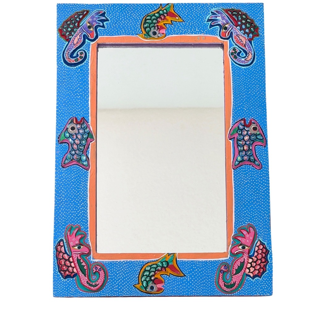 Oaxacan Alebrije Hand Painted Wood Mirror Familia Angeles Seahorse Fish 10x7